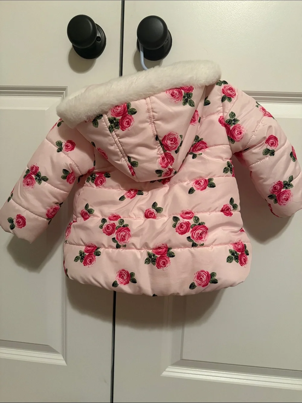Pink Floral Puffer Jacket with Faux Fur Hood - Kids